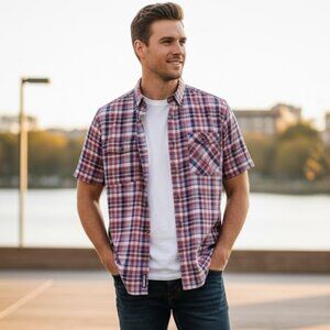 Eddie Bauer men Classic Fit Short Sleeve Button Down Plaid Cotton Shirt Size L